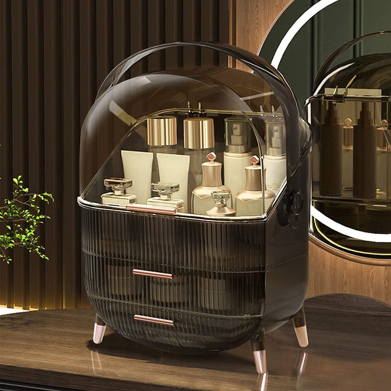 OVERA منظم مكياج أوفيرا، منظم تخزين مكياج محمول مع غطاء وأدراج، صندوق تخزين مستحضرات تجميل كبير مقاوم للماء والغبار، حامل عرض مستحضرات تجميل شفاف، حامل للعناية بالبشرة، مكياج (أسود) - Image 2