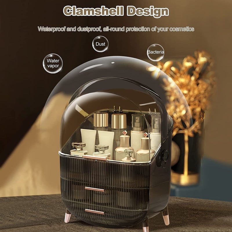 OVERA منظم مكياج أوفيرا، منظم تخزين مكياج محمول مع غطاء وأدراج، صندوق تخزين مستحضرات تجميل كبير مقاوم للماء والغبار، حامل عرض مستحضرات تجميل شفاف، حامل للعناية بالبشرة، مكياج (أسود) - Image 4