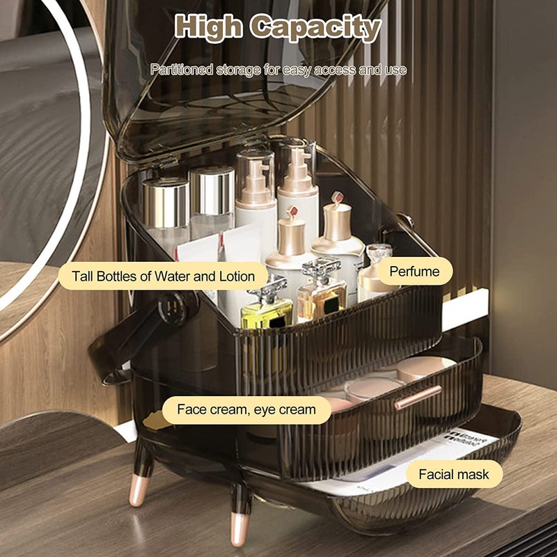 OVERA منظم مكياج أوفيرا، منظم تخزين مكياج محمول مع غطاء وأدراج، صندوق تخزين مستحضرات تجميل كبير مقاوم للماء والغبار، حامل عرض مستحضرات تجميل شفاف، حامل للعناية بالبشرة، مكياج (أسود) - Image 3