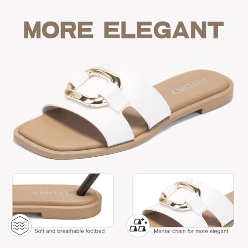 FITORY Women's Flat Sandals Fashion Square Open Toe Slides With Metal Chain Slippers for Summer Size 7 White - Image 3