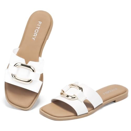 FITORY Women's Flat Sandals Fashion Square Open Toe Slides With Metal Chain Slippers for Summer Size 7 White - Image 1