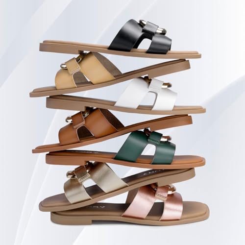FITORY Women's Flat Sandals Fashion Square Open Toe Slides With Metal Chain Slippers for Summer Size 7 White - Image 4