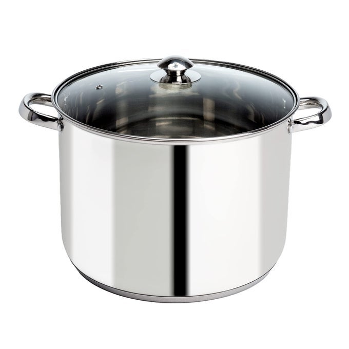 PURE INTENTIONS STOCK POT FEATURES TEMPERED GLASS LID KEEP COOL HANDLE AND ENCAPSULATED BOTTOM OVEN SAFE CURBSIDE RECYCLABLE STAINLESS STEEL 16 QUARTS