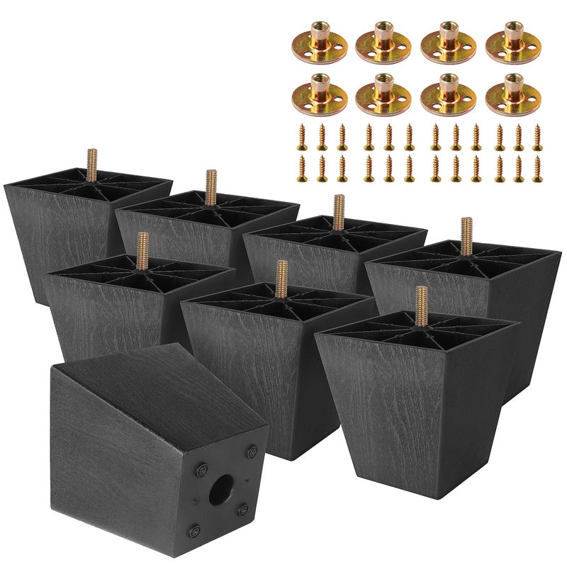 Masendelk 8pcs Plastic Furniture Legs 4 inch Black Couch Legs Square Furniture Feet Sofa Replacement Legs with M8 Plate Nuts for Couch Table Sofa