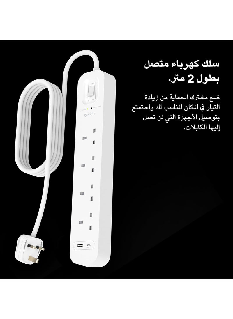 belkin - Belkin 4-Outlet Surge Protector Power Strip, Wall-Mountable with 4 AC Outlets, 2M Power Cord, & Green Indicator Light - USB-C Port & USB-A Port w/USB-C PD Fast Charging - 525 Joules of Protection - Image 1