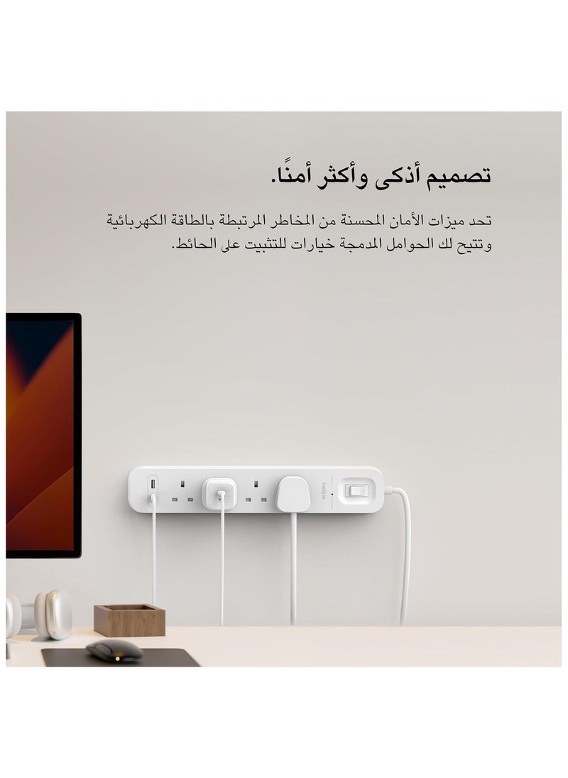 belkin - Belkin 4-Outlet Surge Protector Power Strip, Wall-Mountable with 4 AC Outlets, 2M Power Cord, & Green Indicator Light - USB-C Port & USB-A Port w/USB-C PD Fast Charging - 525 Joules of Protection - Image 1