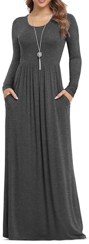 VIISHOW Women's Long Sleeve Solid Pockets Plus Maxi Long Dress with Elastic Waistband(Grey,X-Large) - Image 1