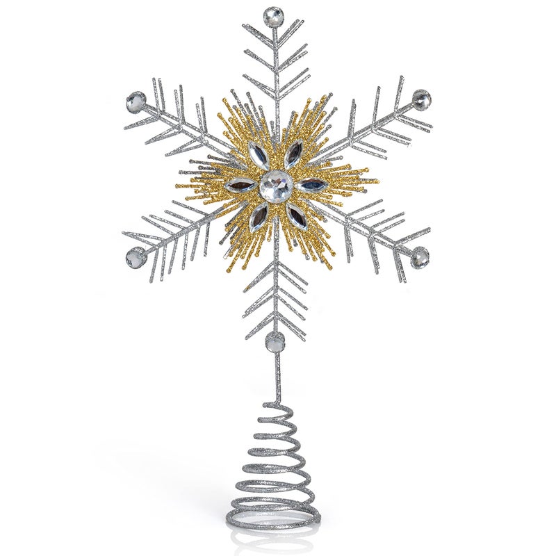 Ornativity Glitter Snowflake Tree Topper Silver and Gold Bare Branches Styled Sparkling Gem Snowflake Detailed Christmas Toppers Star Tree Top Ornament Decorations Xmas Trees Holiday Decor 12