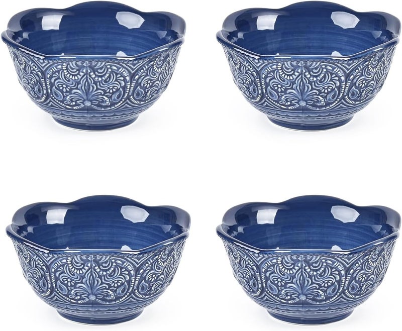 Sungmor Embossed Stoneware Fine Dining Dinnerware Antique Baroque Style Porcelain 6 Inch 20 oz Flower Shape Bowls Set of 4 Sophisticated Ceramic Bowls for Soup Cereal Oatmeal Rice Pasta Salad - Image 1