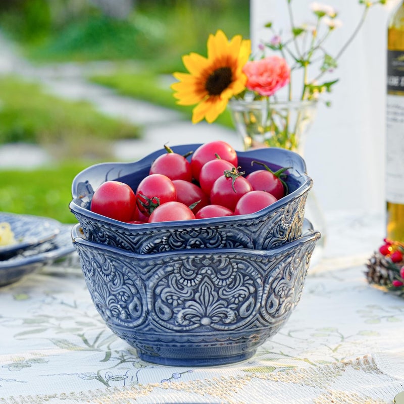 Sungmor Embossed Stoneware Fine Dining Dinnerware Antique Baroque Style Porcelain 6 Inch 20 oz Flower Shape Bowls Set of 4 Sophisticated Ceramic Bowls for Soup Cereal Oatmeal Rice Pasta Salad - Image 2