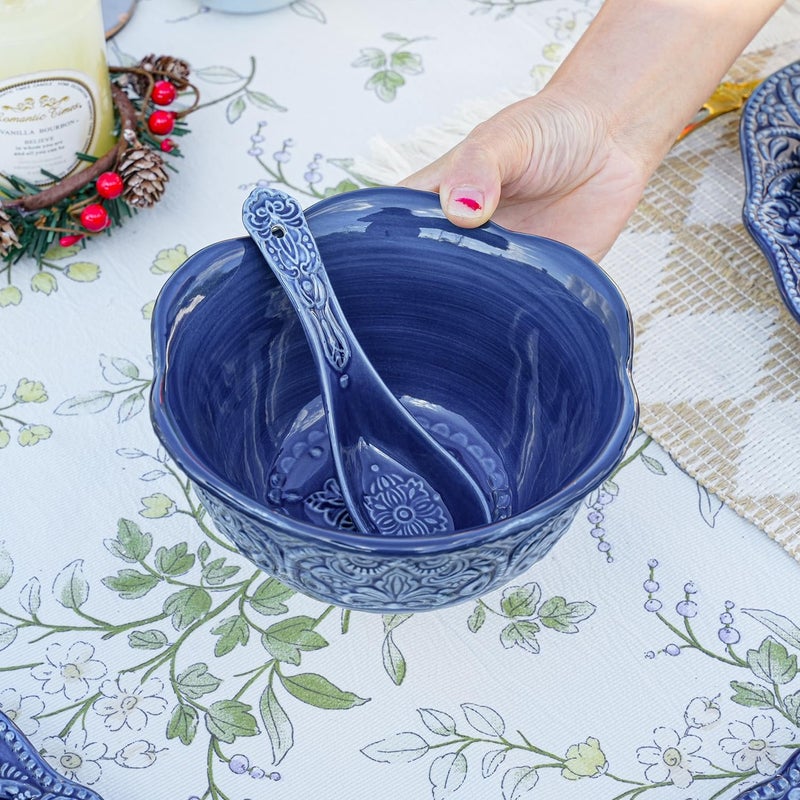 Sungmor Embossed Stoneware Fine Dining Dinnerware Antique Baroque Style Porcelain 6 Inch 20 oz Flower Shape Bowls Set of 4 Sophisticated Ceramic Bowls for Soup Cereal Oatmeal Rice Pasta Salad - Image 3