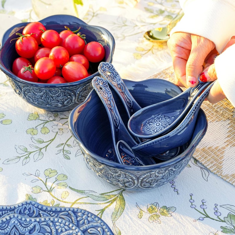 Sungmor Embossed Stoneware Fine Dining Dinnerware Antique Baroque Style Porcelain 6 Inch 20 oz Flower Shape Bowls Set of 4 Sophisticated Ceramic Bowls for Soup Cereal Oatmeal Rice Pasta Salad - Image 5
