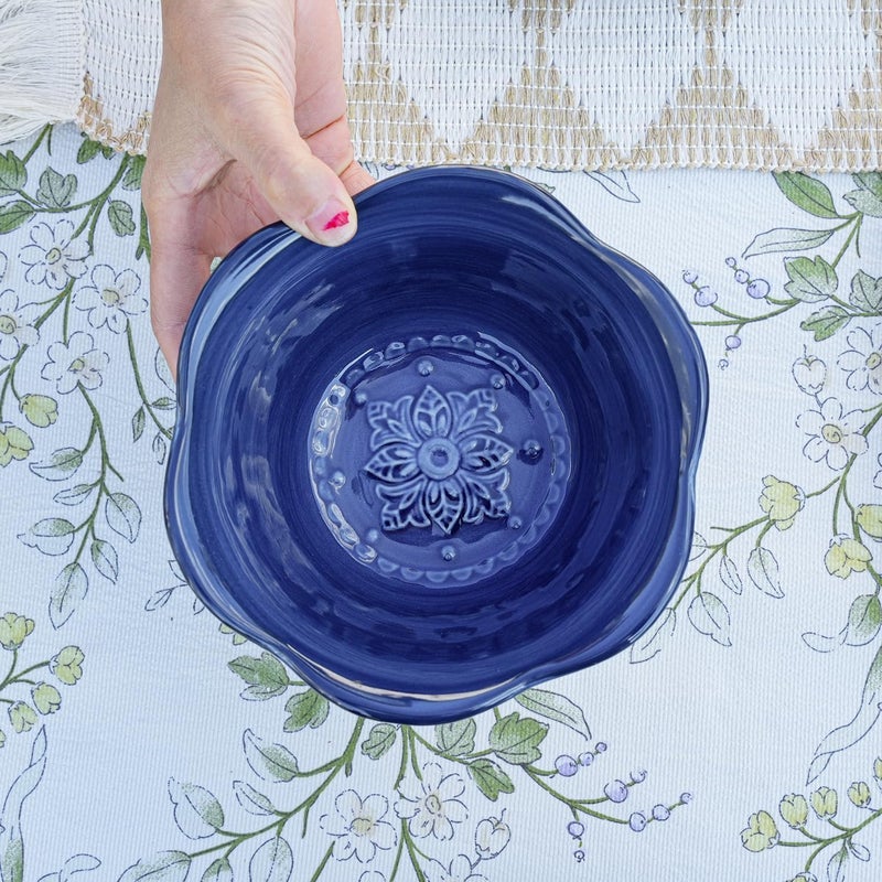 Sungmor Embossed Stoneware Fine Dining Dinnerware Antique Baroque Style Porcelain 6 Inch 20 oz Flower Shape Bowls Set of 4 Sophisticated Ceramic Bowls for Soup Cereal Oatmeal Rice Pasta Salad - Image 4