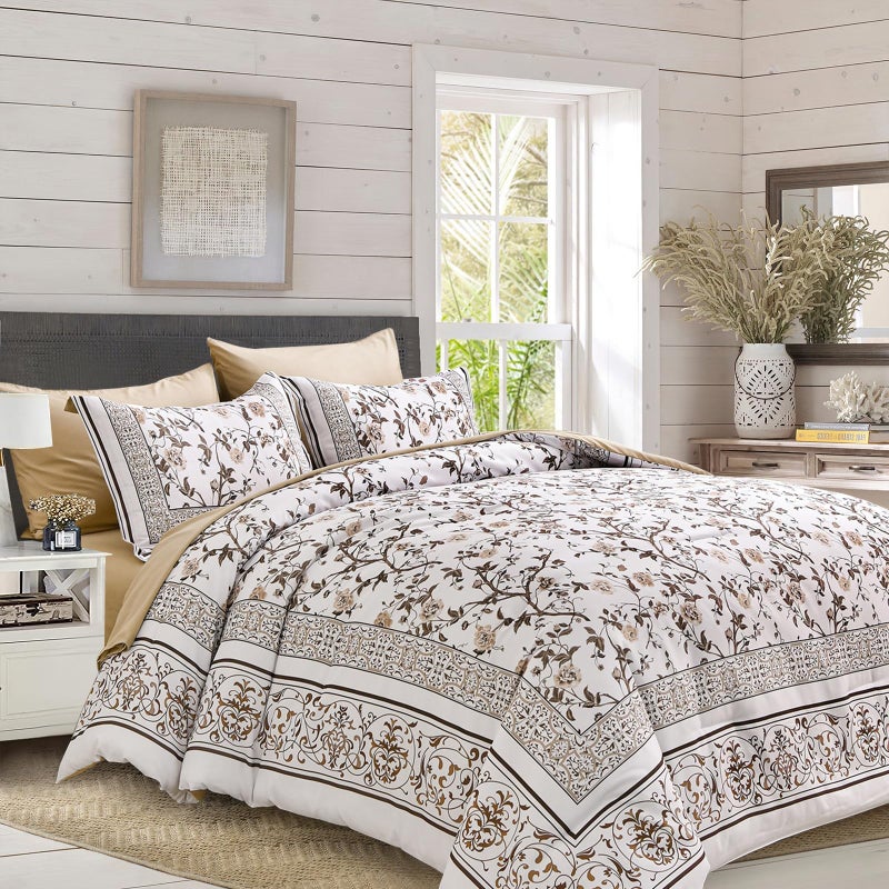 DOBUYLY BROWN King Size Size Comforter مجموعة الفراش النباتي الأزهار مجموعة 7 قطع سرير في كيس كينج ناعم الألياف الدقيقة الفراش مجموعات مع أوراق طوال الموسم - Image 1