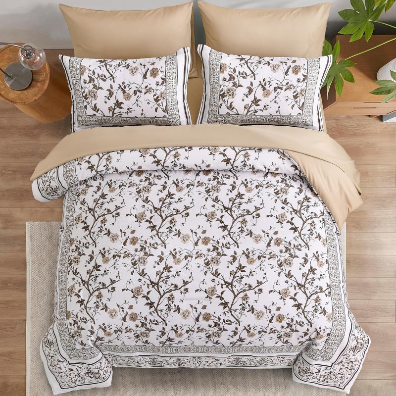 DOBUYLY BROWN King Size Size Comforter مجموعة الفراش النباتي الأزهار مجموعة 7 قطع سرير في كيس كينج ناعم الألياف الدقيقة الفراش مجموعات مع أوراق طوال الموسم - Image 3