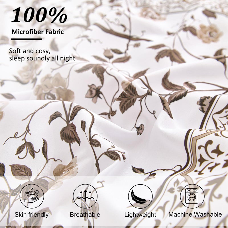 DOBUYLY BROWN King Size Size Comforter مجموعة الفراش النباتي الأزهار مجموعة 7 قطع سرير في كيس كينج ناعم الألياف الدقيقة الفراش مجموعات مع أوراق طوال الموسم - Image 5