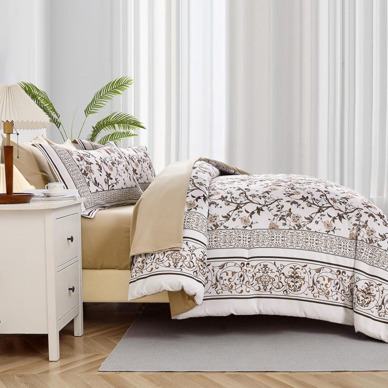 DOBUYLY BROWN King Size Size Comforter مجموعة الفراش النباتي الأزهار مجموعة 7 قطع سرير في كيس كينج ناعم الألياف الدقيقة الفراش مجموعات مع أوراق طوال الموسم - Image 4