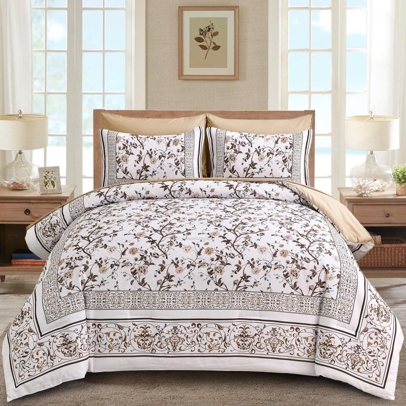 DOBUYLY BROWN King Size Size Comforter مجموعة الفراش النباتي الأزهار مجموعة 7 قطع سرير في كيس كينج ناعم الألياف الدقيقة الفراش مجموعات مع أوراق طوال الموسم - Image 2