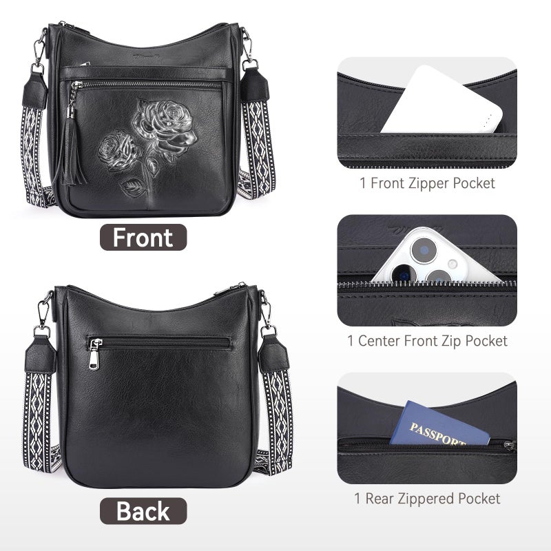 VIMUTI Crossbody Bags for Women Trendy Vegan Leather Hobo Purses for Women Embossed Flower Shoulder Handbags Bucket Bag (04-Black) - Image 4