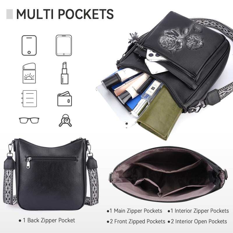 VIMUTI Crossbody Bags for Women Trendy Vegan Leather Hobo Purses for Women Embossed Flower Shoulder Handbags Bucket Bag (04-Black) - Image 5