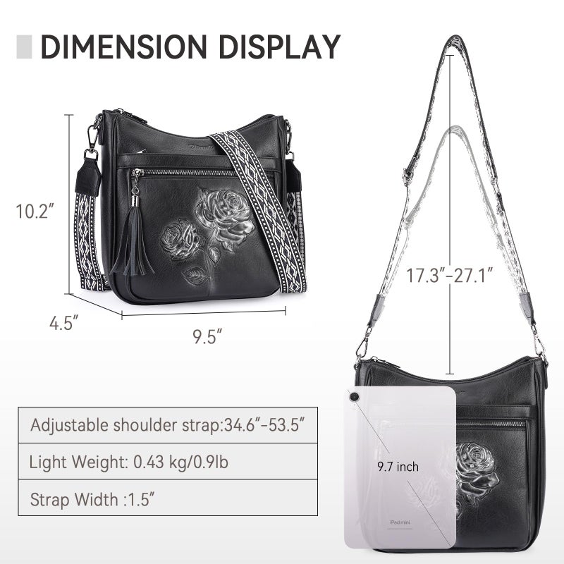 VIMUTI Crossbody Bags for Women Trendy Vegan Leather Hobo Purses for Women Embossed Flower Shoulder Handbags Bucket Bag (04-Black) - Image 3