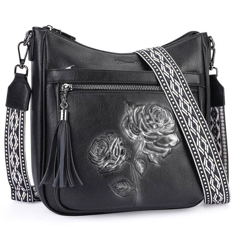 VIMUTI Crossbody Bags for Women Trendy Vegan Leather Hobo Purses for Women Embossed Flower Shoulder Handbags Bucket Bag (04-Black) - Image 1