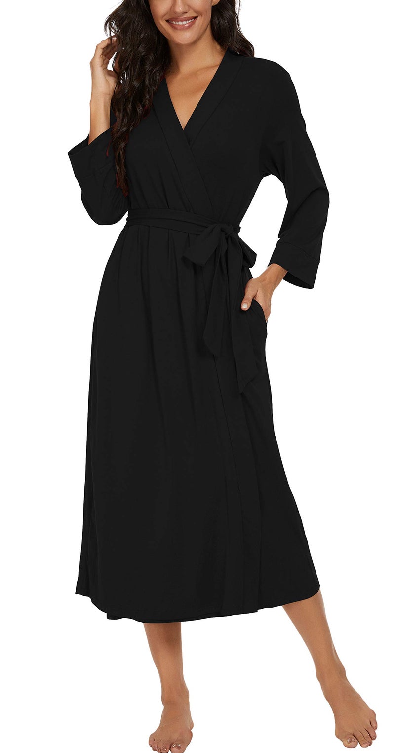 VINTATRE VINTATRE Women Kimono Robes Long Knit Bathrobe Lightweight Soft Knit Sleepwear V-neck Casual Ladies Loungewear Black-XX-Large  - Image 3