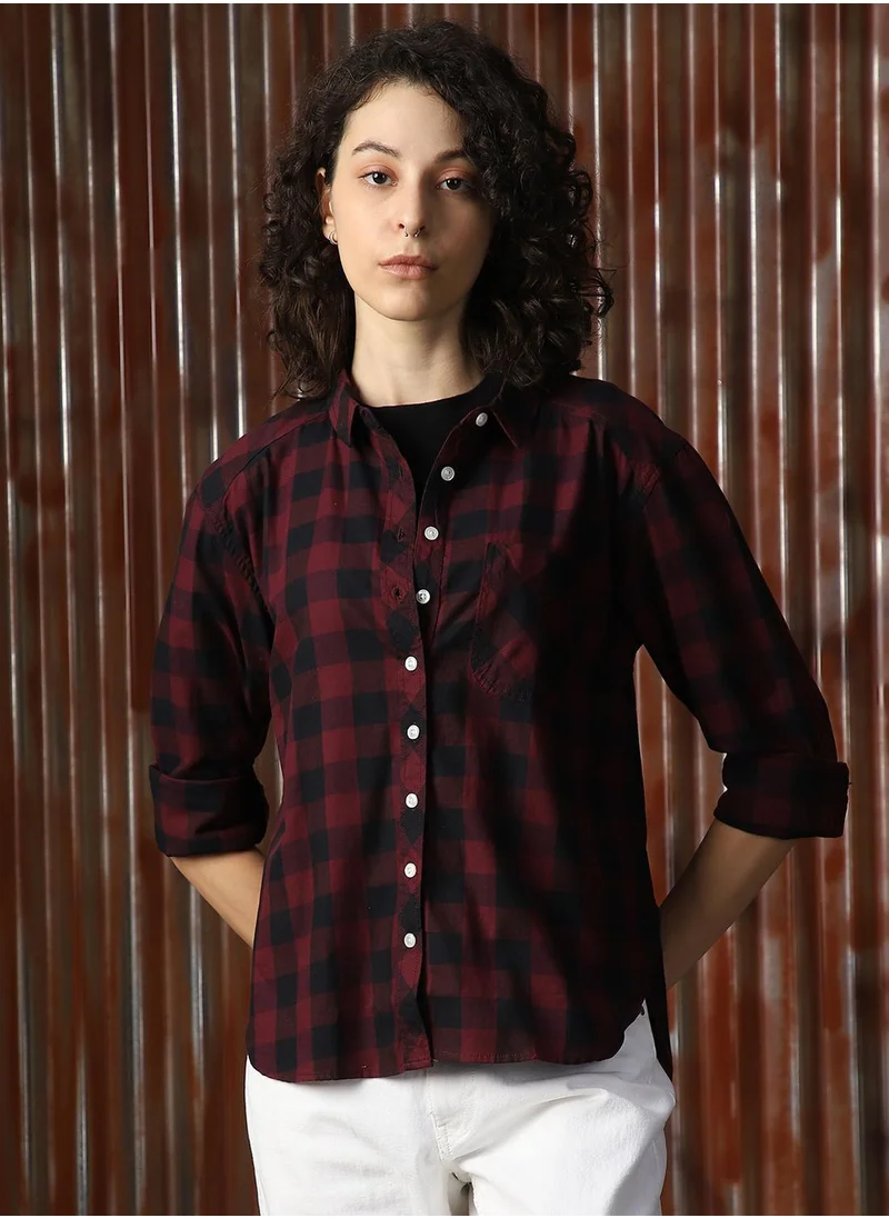 HIGH STAR Women's Multicoloured 100% Cotton Checkered Button Down Shirt
