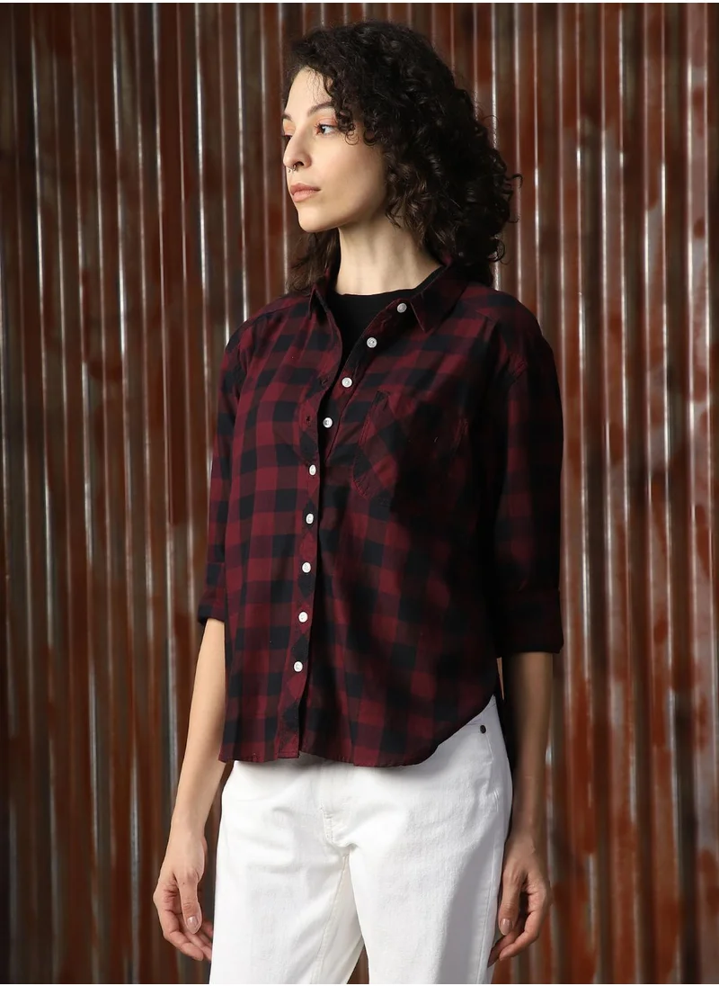 HIGH STAR Women's Multicoloured 100% Cotton Checkered Button Down Shirt