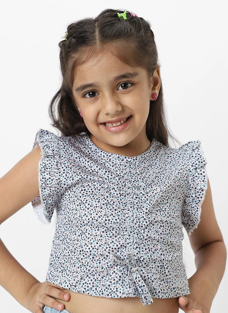 Nautinati  Nautinati Girls White And Blue Frill Sleeve Printed V Neck Everyday Wear Knit Top for Women | Best Price UAE