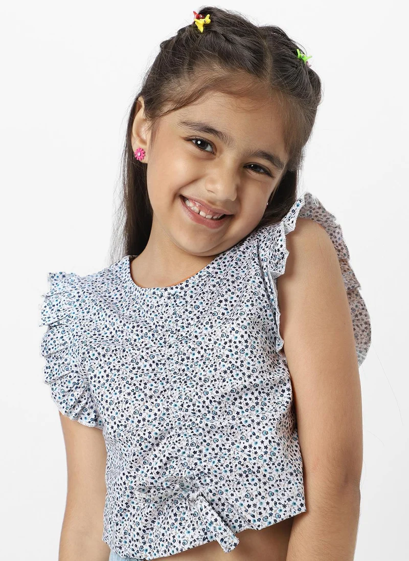 Nautinati  Nautinati Girls White And Blue Frill Sleeve Printed V Neck Everyday Wear Knit Top for Women | Best Price UAE
