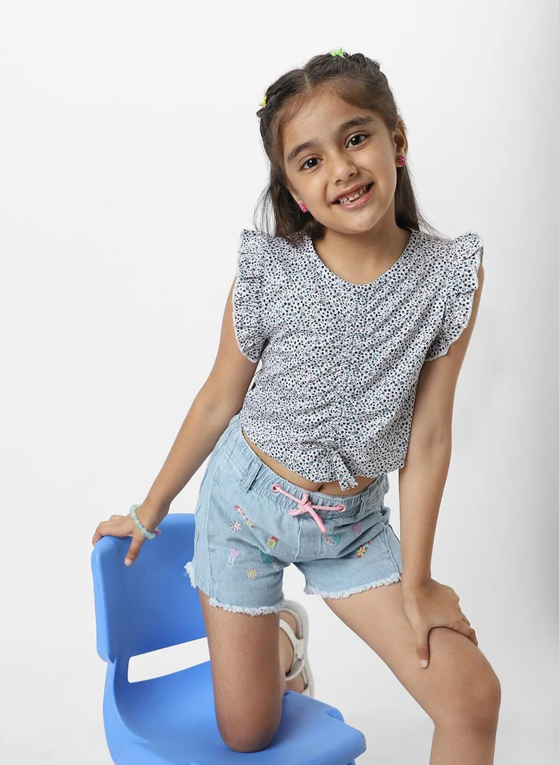 Nautinati  Nautinati Girls White And Blue Frill Sleeve Printed V Neck Everyday Wear Knit Top for Women | Best Price UAE