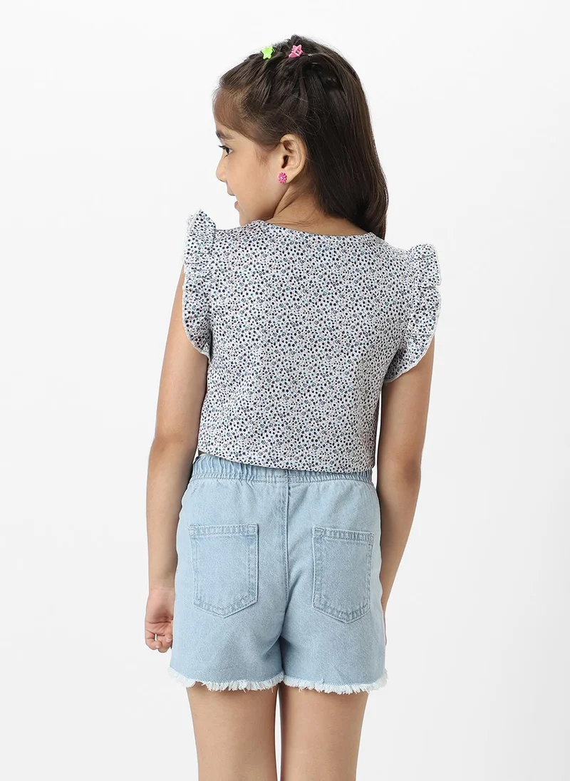 Nautinati  Nautinati Girls White And Blue Frill Sleeve Printed V Neck Everyday Wear Knit Top for Women | Best Price UAE