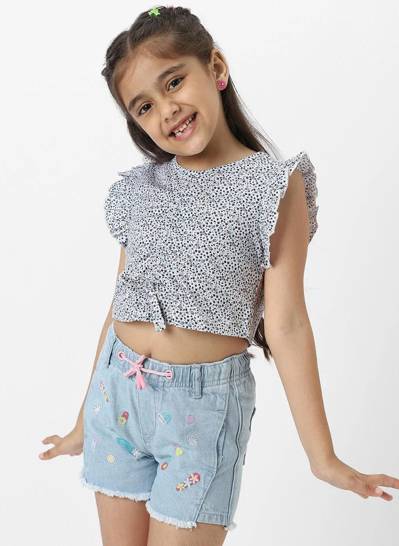 Nautinati Girls White And Blue Frill Sleeve Printed V Neck Everyday Wear Knit Top