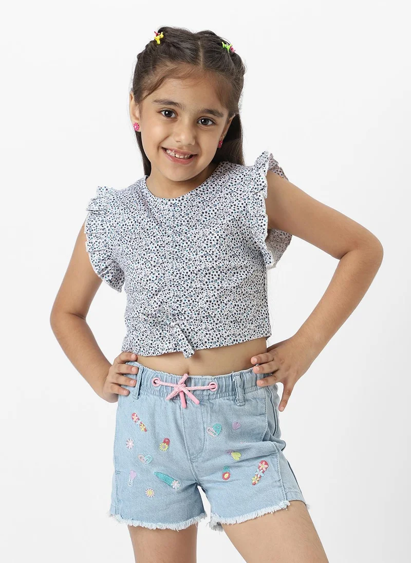 Nautinati  Nautinati Girls White And Blue Frill Sleeve Printed V Neck Everyday Wear Knit Top for Women | Best Price UAE