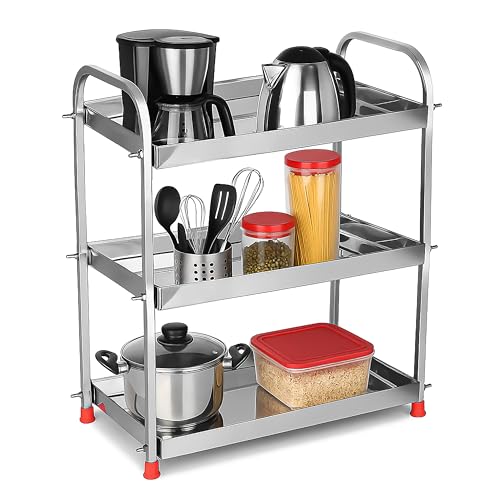 TechSrmaji 3 Layer Stainless Steel Kitchen Rack | Rust-Proof Multipurpose Shelf Organizer for Kitchen & Bathroom | Space-Saving Countertop Storage Stand for Utensils, Spice Rack| Heavy Duty Sheet Rack - Image 2