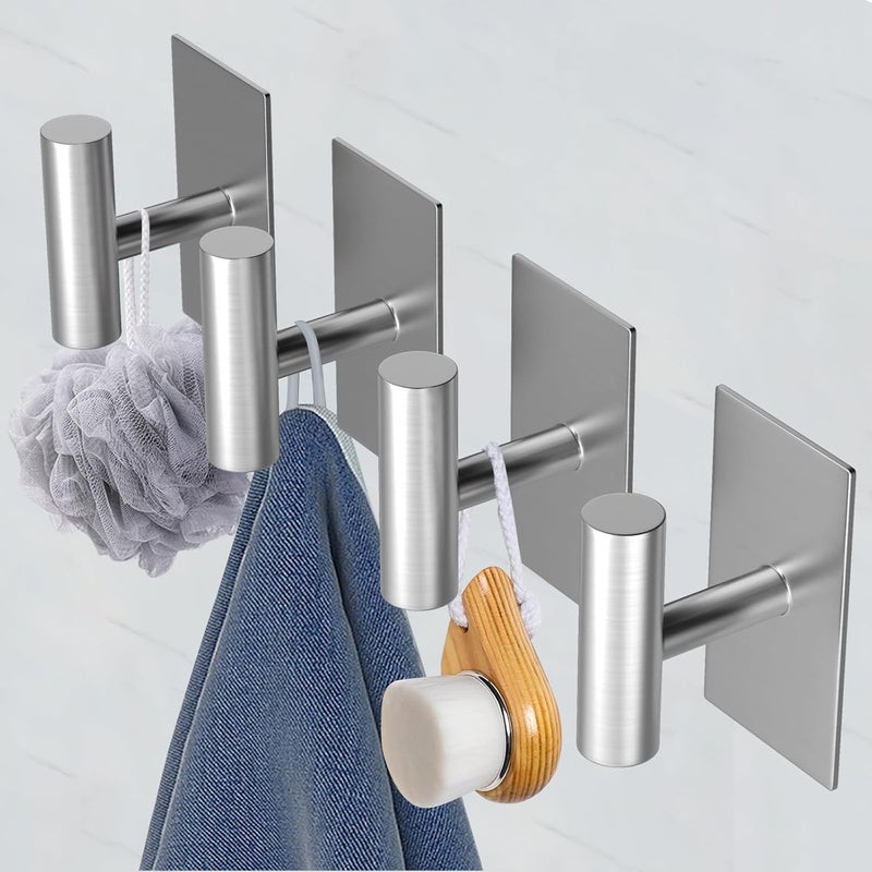 Adhesive Hooks, 4 Pcs Heavy Duty Wall Stainless Steel Door Hooks for Hanging Coat, Hat, Towel, Robe, Key, Clothes, Closet Hook Wall Mount for Home, Kitchen, Bathroom, Office(Silver) - Image 3