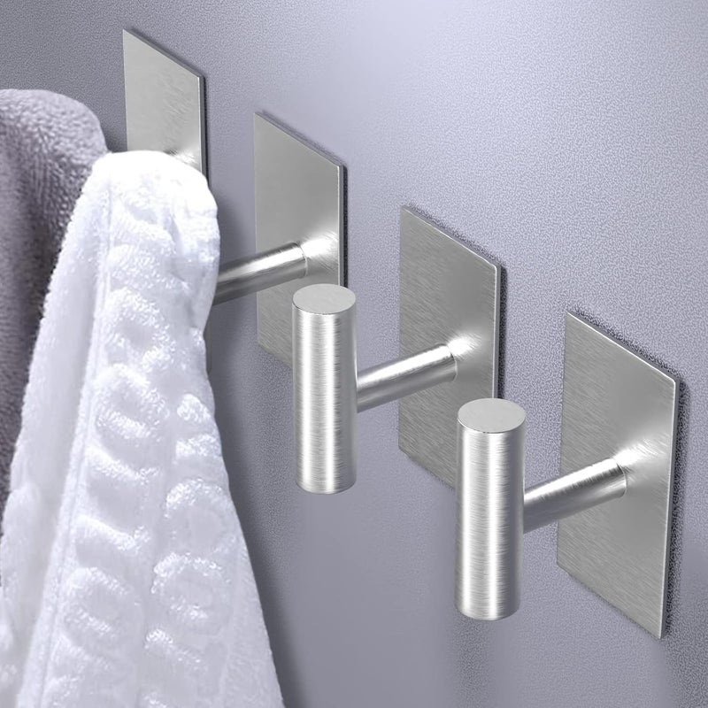 Adhesive Hooks, 4 Pcs Heavy Duty Wall Stainless Steel Door Hooks for Hanging Coat, Hat, Towel, Robe, Key, Clothes, Closet Hook Wall Mount for Home, Kitchen, Bathroom, Office(Silver) - Image 2