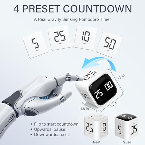 OORAII Rotating Pomodoro Timer 5, 25, 10 50 Minutes Preset, Desk Productivity Flip Timer, ADHD Tool Cube Countdown Stopwatch, Vibration/High/Low Volume/Custom Modes, for Work, Study, Back to School, White - Image 2