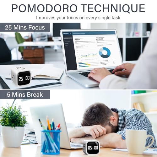 OORAII Rotating Pomodoro Timer 5, 25, 10 50 Minutes Preset, Desk Productivity Flip Timer, ADHD Tool Cube Countdown Stopwatch, Vibration/High/Low Volume/Custom Modes, for Work, Study, Back to School, White - Image 3