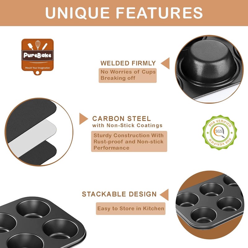 PureBake مجموعة خبز الكعك المعتمدة من SGS - مجموعة 4 قطع تشمل صينية كعكة دائرية، قالب خبز، صينية بيتزا وصينية مافن - مناسبة للميكروويف، فرن OTG وآمنة في غسالة الصحون، سوداء - Image 3