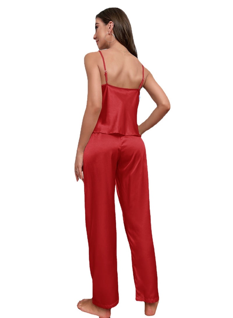 Loquat Women's Imitation Silk Lace Stitching 2-Piece Set Nightgown Sleepwear Suspender Top And Pants Soft Loungewear Pajamas Suit Red/Black  - Image 2