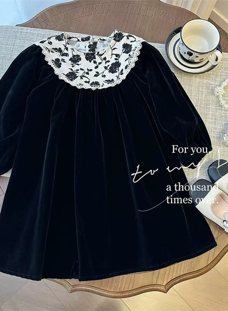 WiNi BEE Girls Velvet Dress, Long Sleeve Floral Princess Gown, Fall One-Piece Outfit - Image 4