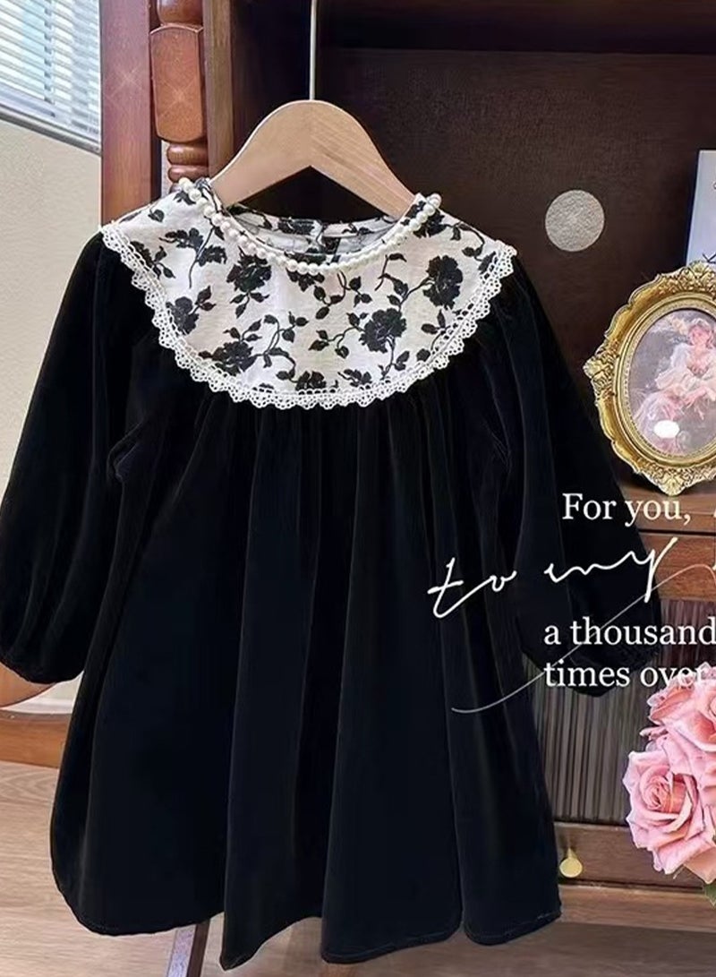 WiNi BEE Girls Velvet Dress, Long Sleeve Floral Princess Gown, Fall One-Piece Outfit - Image 3