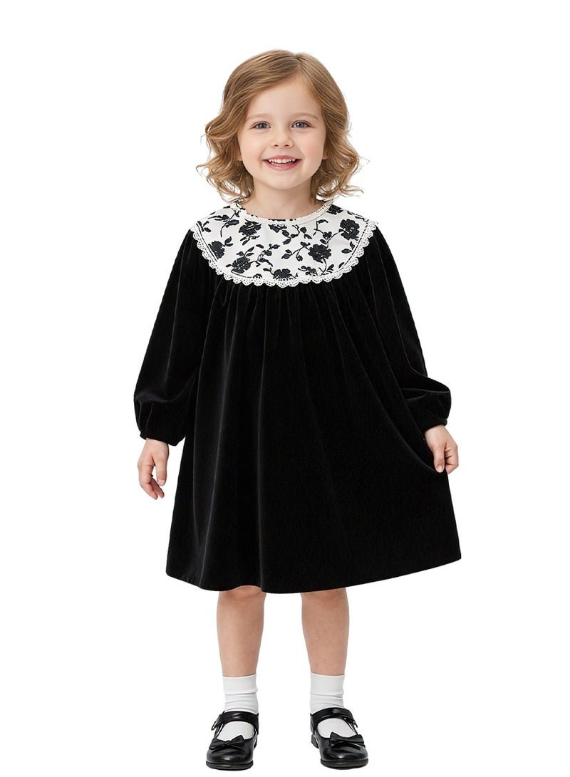 ويني بي فستان مخملي للبنات، فستان أميرة زهري بأكمام طويلة، زي الخريف من قطعة واحدة - Image 1