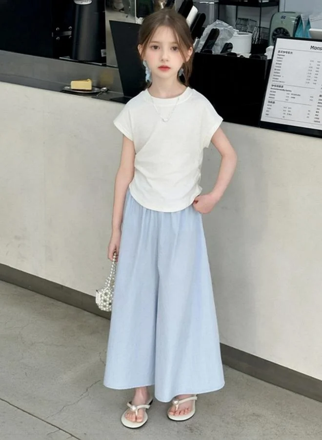 Take Two Girls Solid Ruched Detail T-Shirt and Wide Leg Pants Set