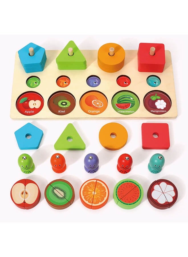 MIXDE - 3-in-1 Wooden Educational Toy – Shape u0026 Color Sorting, Fruit Recognition, Montessori Stacking Puzzle – Interactive Learning Gift for Toddlers u0026 Preschool Kids - Image 1