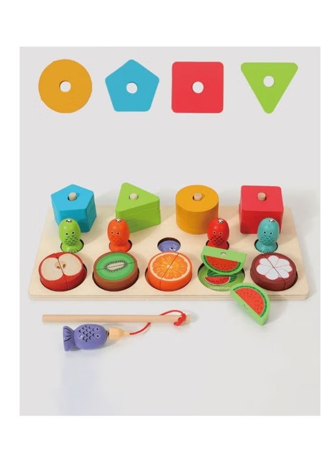 MIXDE - 3-in-1 Wooden Educational Toy – Shape u0026 Color Sorting, Fruit Recognition, Montessori Stacking Puzzle – Interactive Learning Gift for Toddlers u0026 Preschool Kids - Image 1