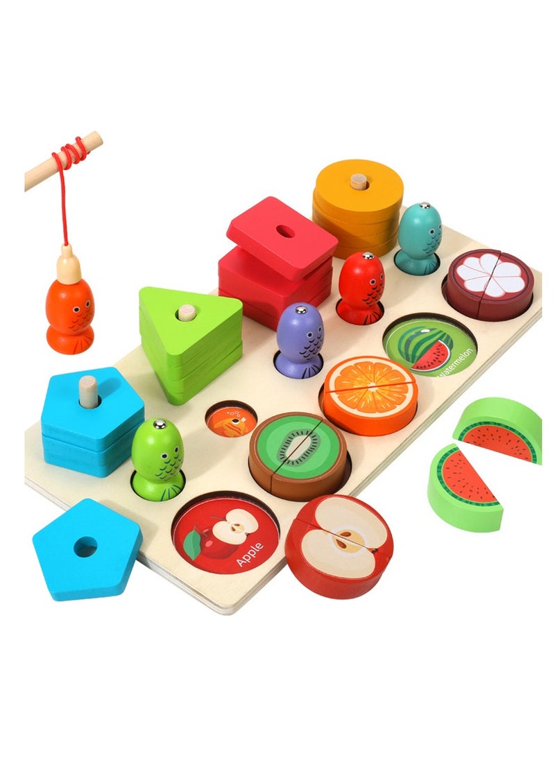 MIXDE - 3-in-1 Wooden Educational Toy – Shape u0026 Color Sorting, Fruit Recognition, Montessori Stacking Puzzle – Interactive Learning Gift for Toddlers u0026 Preschool Kids - Image 1