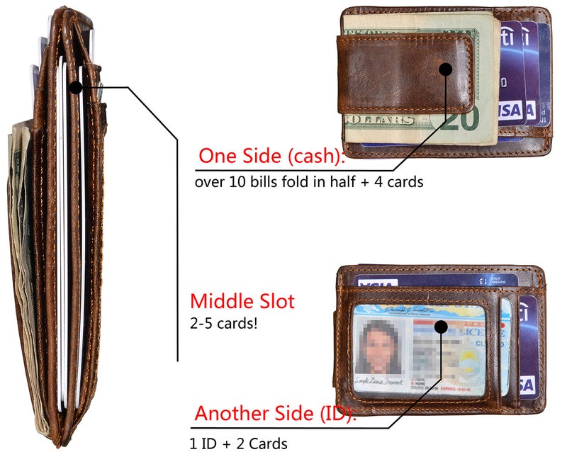 HOPSOOKEN Money Clip RFID Front Pocket Wallet Men Leather Slim Minimalist Wallet (Brown with ID Window (Crazy Hourse Leather)) - Image 2